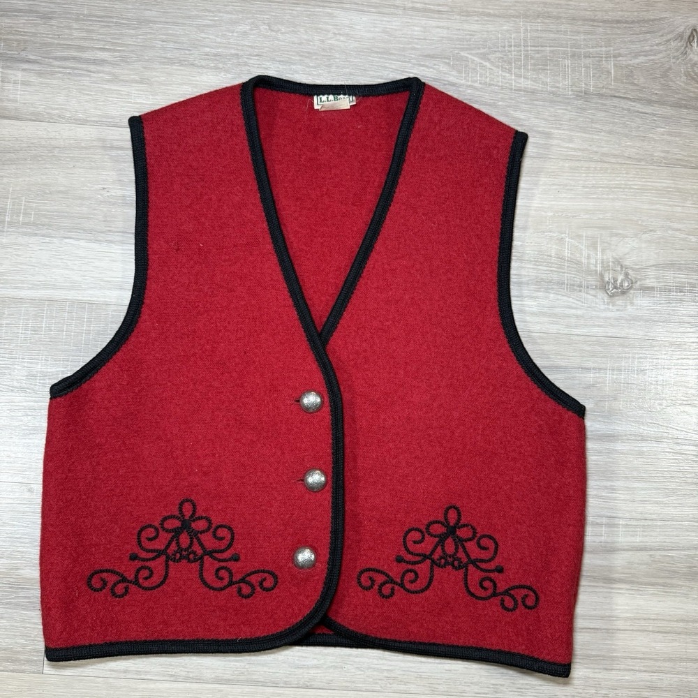 Vintage L.L Bean 100% Wool Red Vest Embroidered Austria Made Sz L Metal Buttons